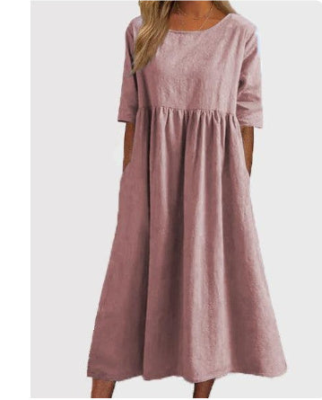 Imogen – Lässiges Damenkleid aus Baumwolle und Leinen mit kurzen Ärmeln und Taschen