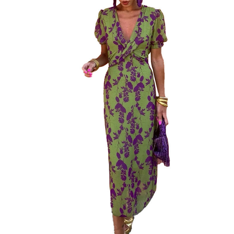 Dawn – Langes elegantes Slim V-Ausschnitt Kurzarmkleid mit Farbkontrastdruck