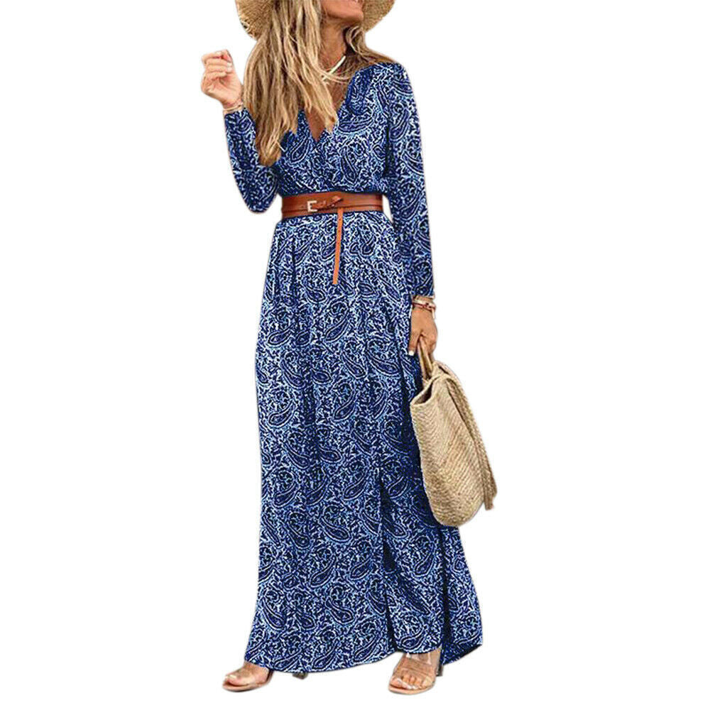 Sandra – Boho Blumenkleid mit V-Ausschnitt und langen Ärmeln