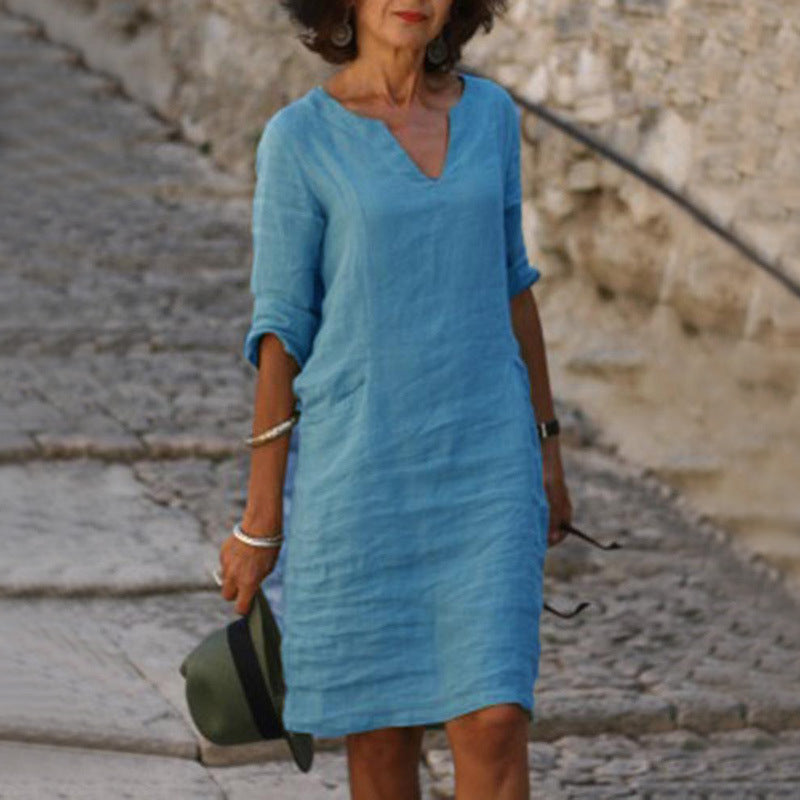 Abigail – Retro Sommerkleid aus Baumwolle und Leinen mit V-Ausschnitt