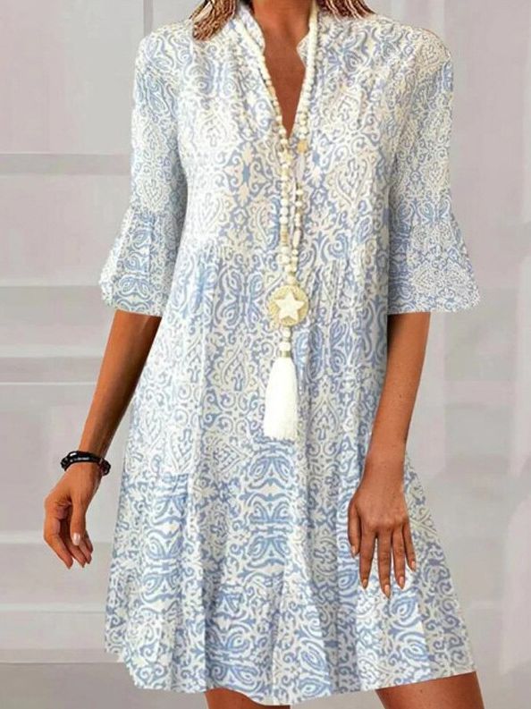 Mary – Lockeres V-Ausschnitt Kleid mit Blumenmuster