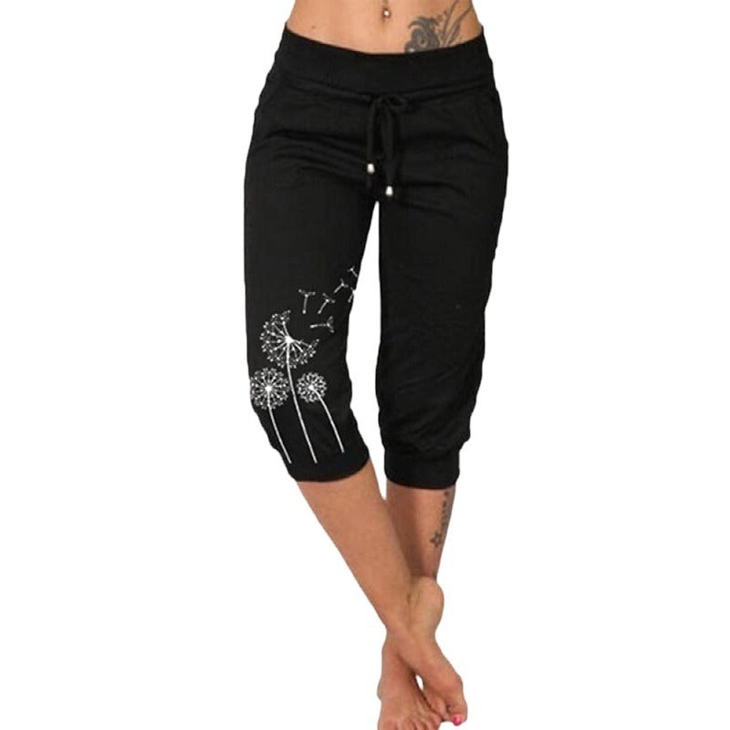 Robyn – Modische Bedruckte Hohe Taille Spitzenbesatz Cropped Hose