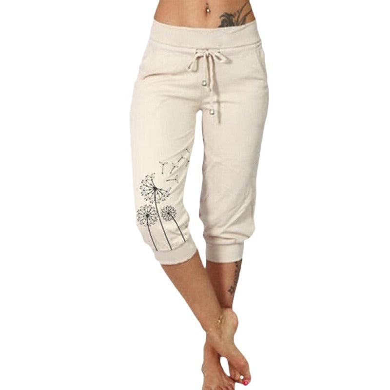 Robyn – Modische Bedruckte Hohe Taille Spitzenbesatz Cropped Hose