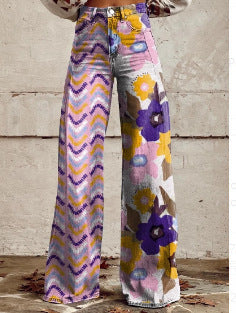 Damen Weite Boho-Jeans mit grafischem Kunst-Design und Vintage-Style, ideal für Streetwear und Festivals