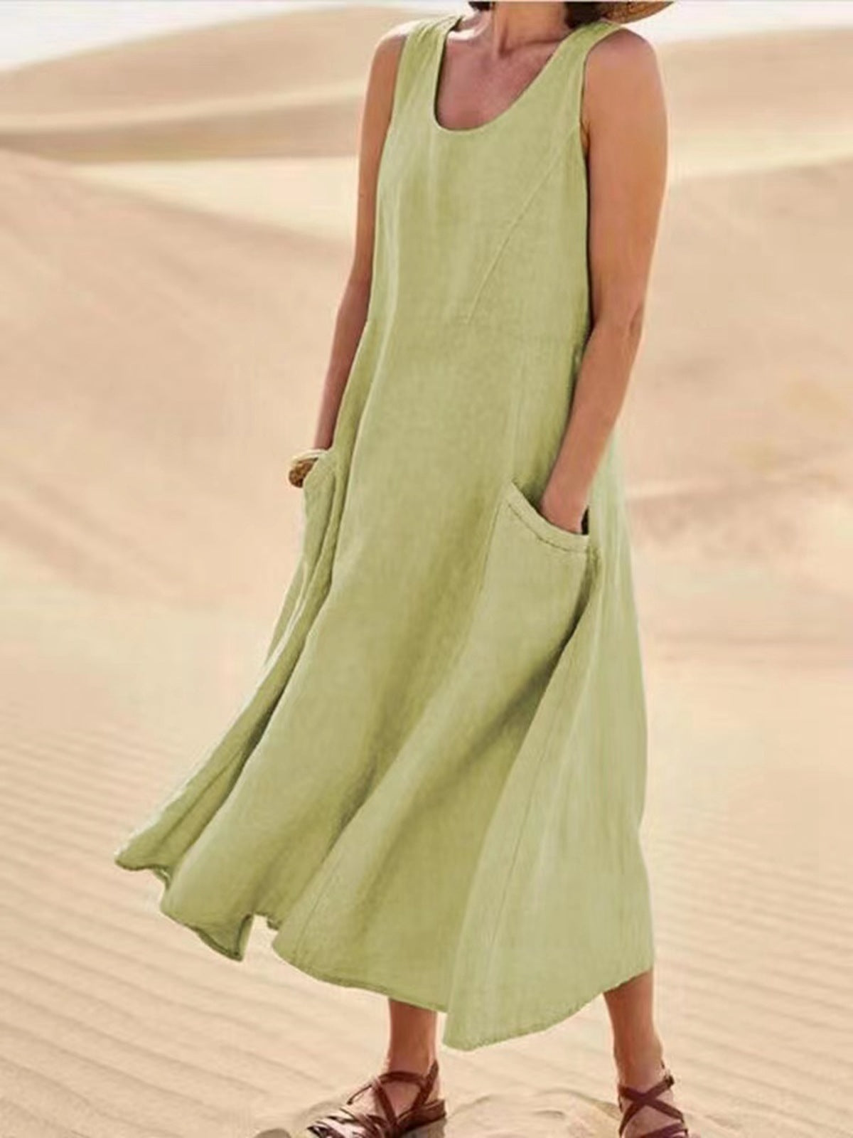 Marie – Langes ärmelloses Kleid mit Taschen