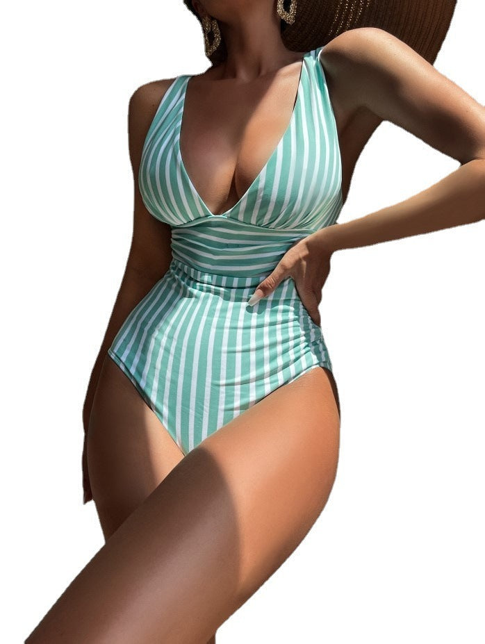 Damen Einteiler Badeanzug mit Streifenmuster und tiefem V-Ausschnitt – Stilvoller Sommer Look für Strand & Pool