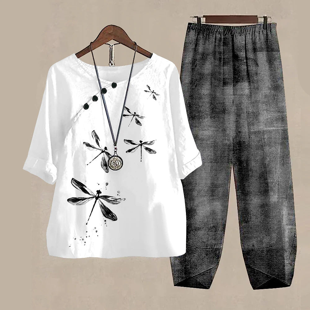 Damen Freizeit Zweiteiler Set – Lockeres Oberteil mit Libellen-Print und Asiatisch Inspirierten Hosen, Modisch für Alltag und Urlaub