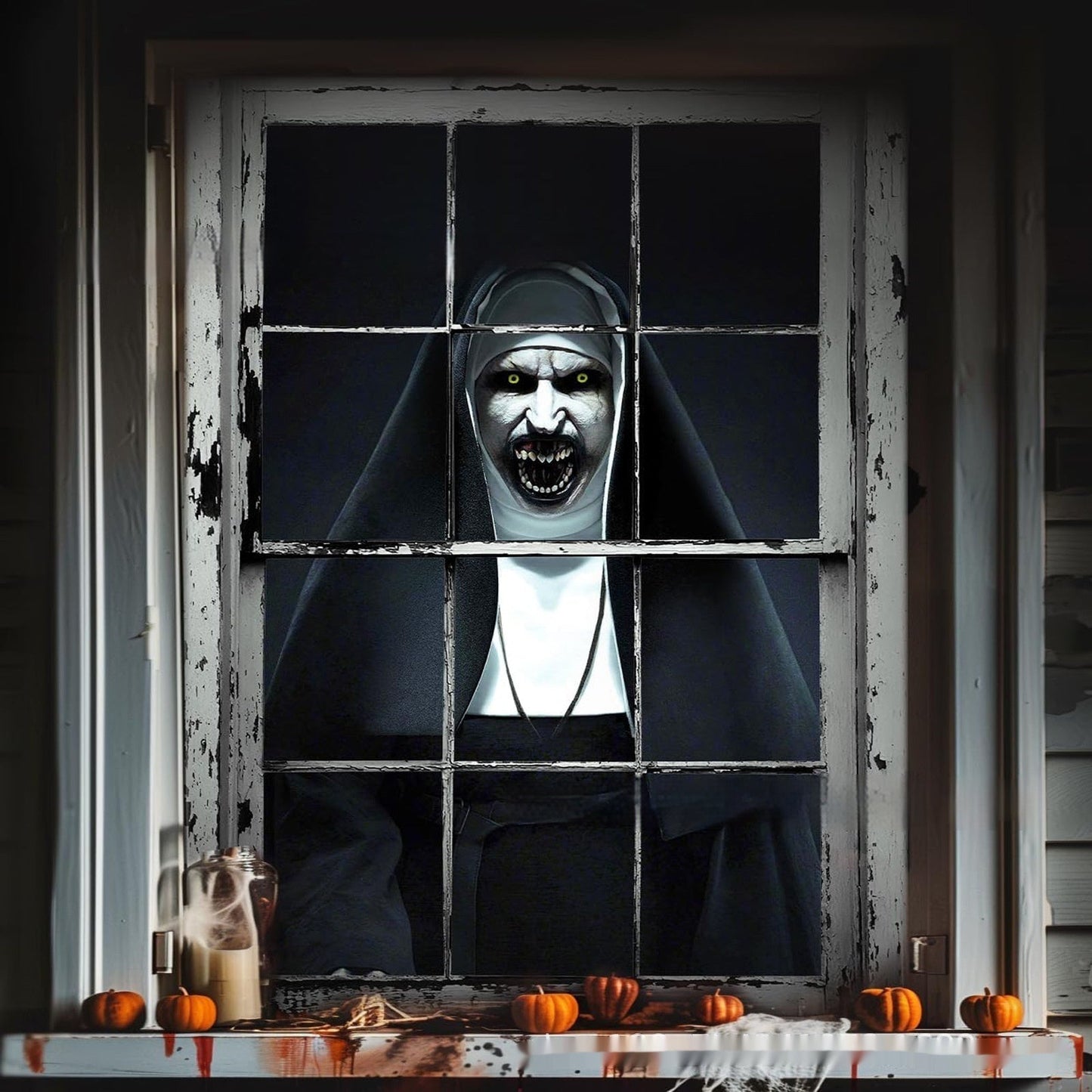 Halloween Fensterdeko – Gruselige Nonnenfigur für Spukhaus & Party