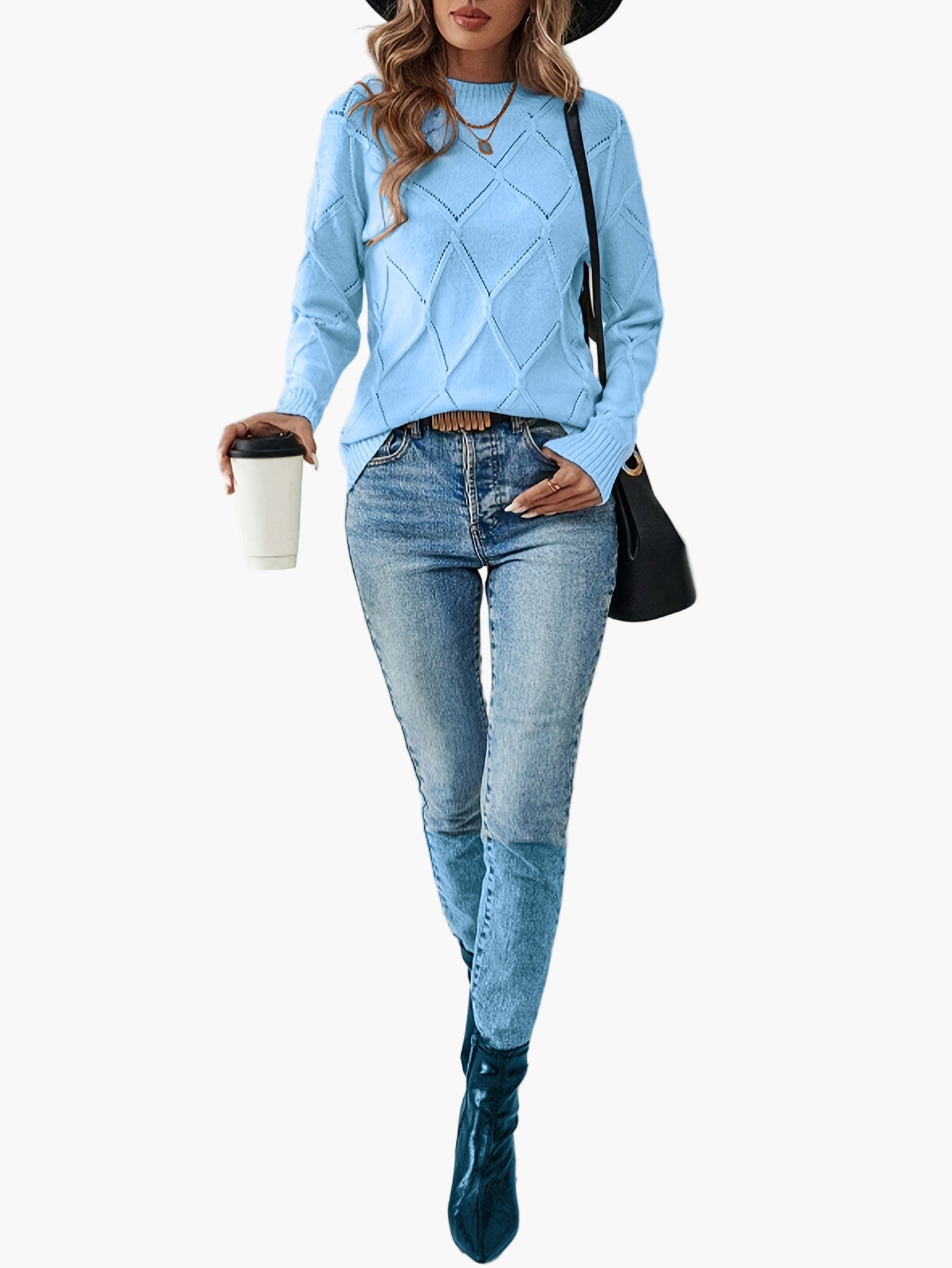 Damen Pullover mit geometrischem Muster, eleganter Alltags-Strickpullover, langarm, modisch