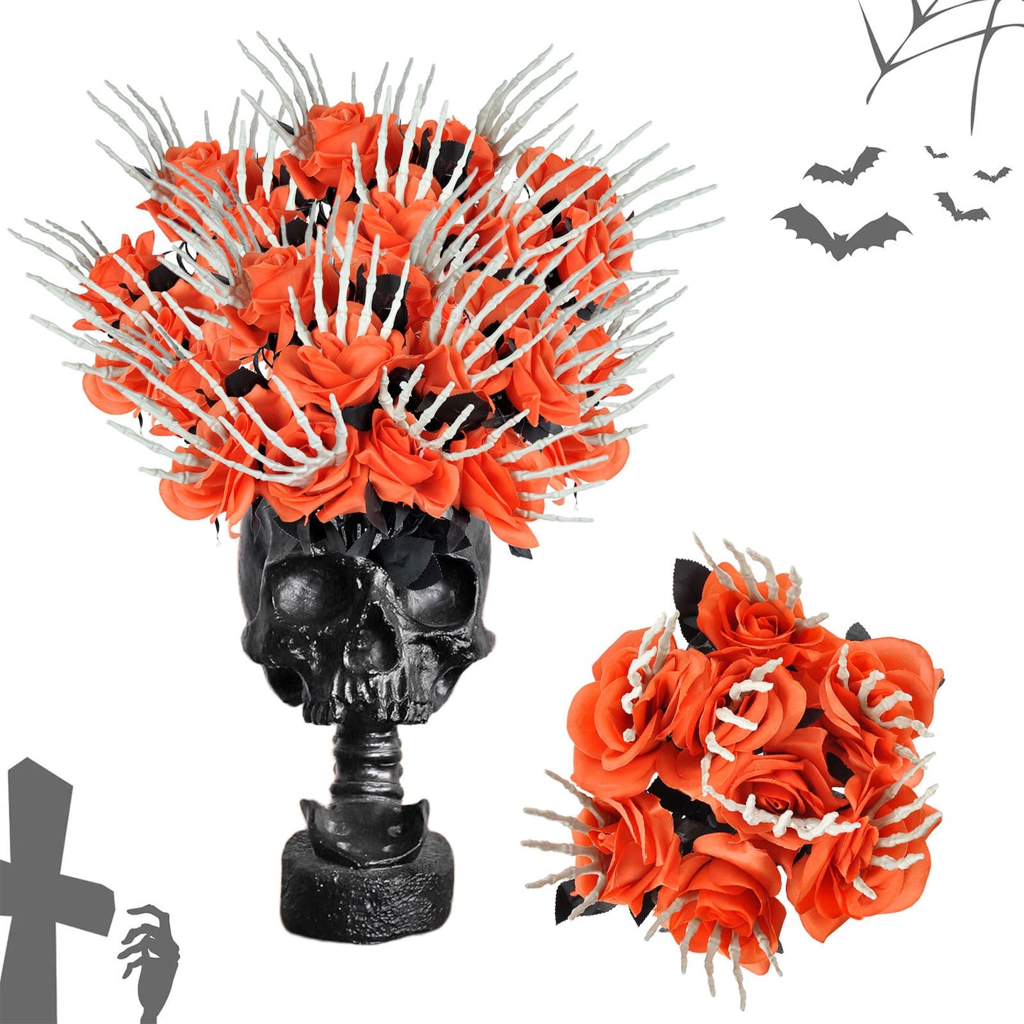 Halloween Deko Künstliche Rosen mit Skelett-Hand – Gruselige Partydeko für Halloween