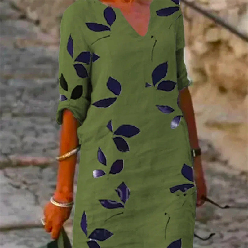 Audrey – Vintage Kleid mit Blattdruck und halben Ärmeln