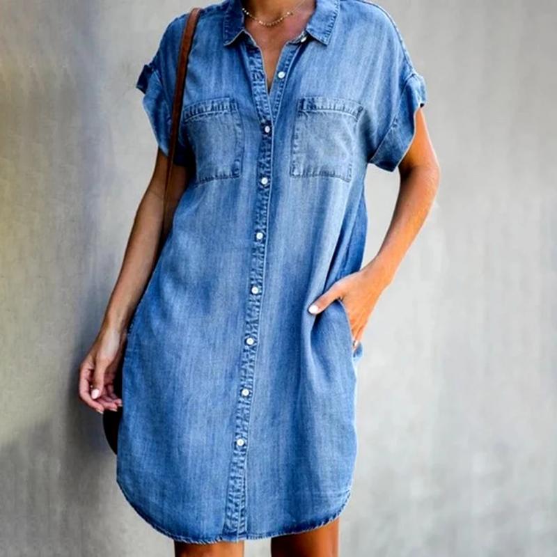 Anna – Blaues Kragenkleid mit kurzen Ärmeln