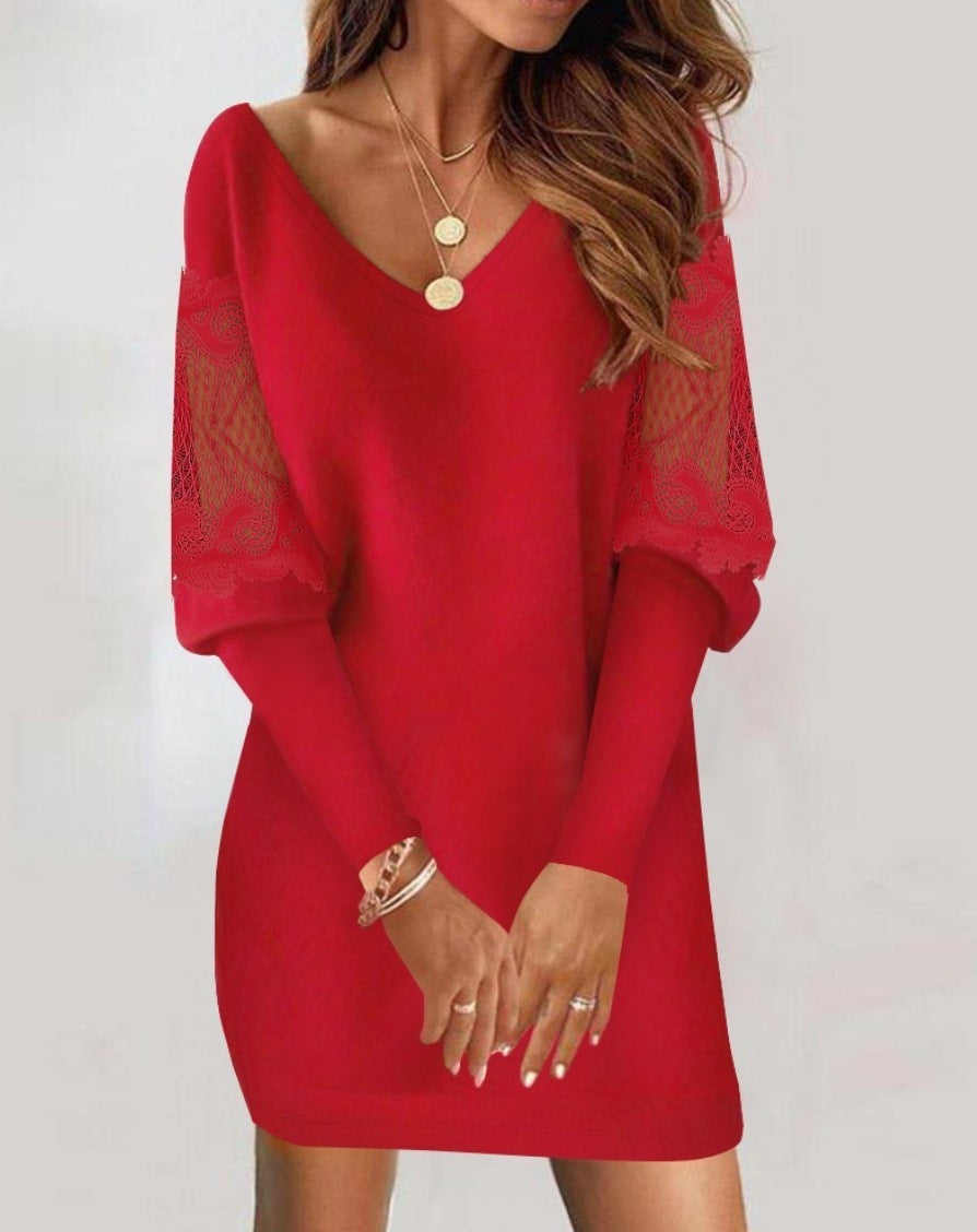 Tamara – Langärmliges V-Ausschnitt Kleid mit Spitzen-Einsätzen für Damen
