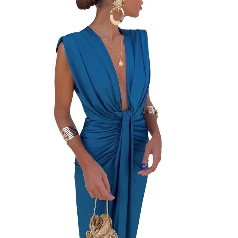 Damen Abendkleid Elegant Plissee Design Tie Front Tiefer V-Ausschnitt Cocktailkleid