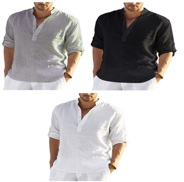 Herren Henley Shirt Langarm – Casual Sommerhemd mit Stehkragen für Freizeit, Büro und Urlaub