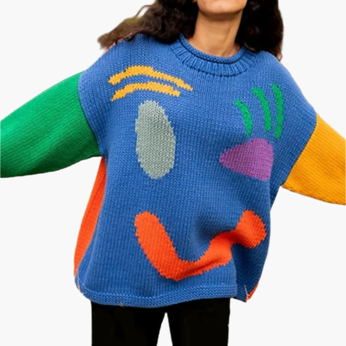 Damen Strickpullover mit abstraktem Gesichtsmotiv – Gemütlicher Wochenend- und Freizeit-Look