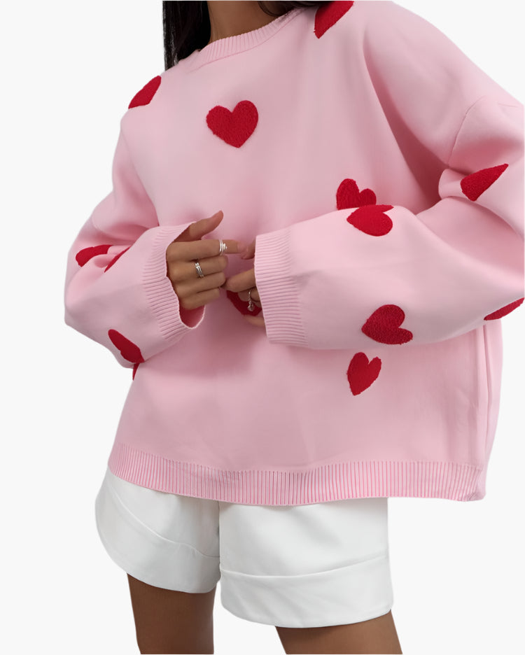 Damen Oversize Sweater mit Herzchen – Kuscheliger Lounge-Pullover im verspielten Look für Freizeit & Zuhause