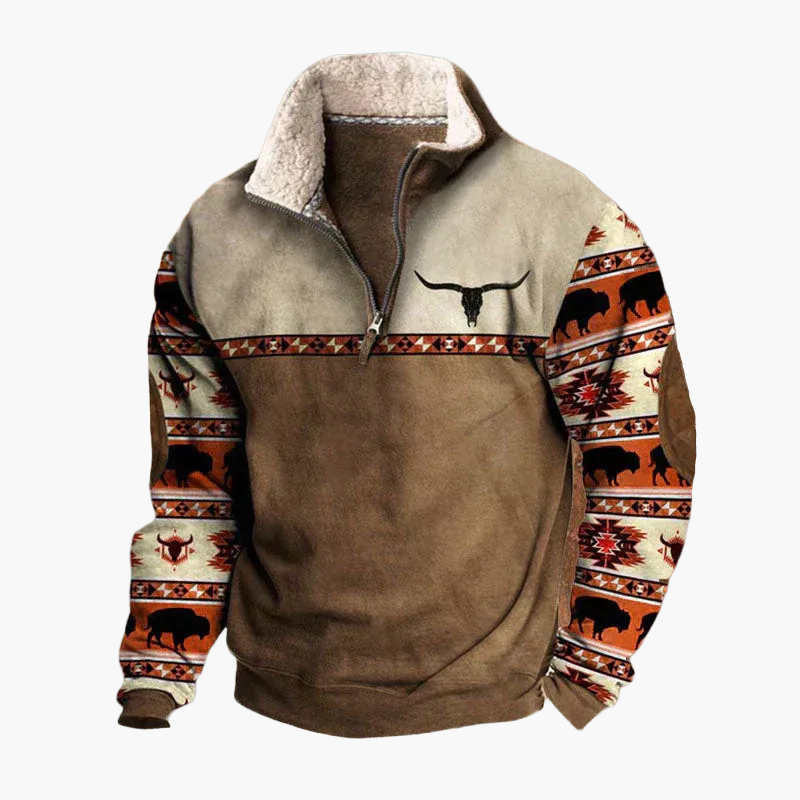 Herren Vintage Fleece Pullover mit Ethno-Ärmeln und halbem Reißverschluss – Outdoor & Freizeit