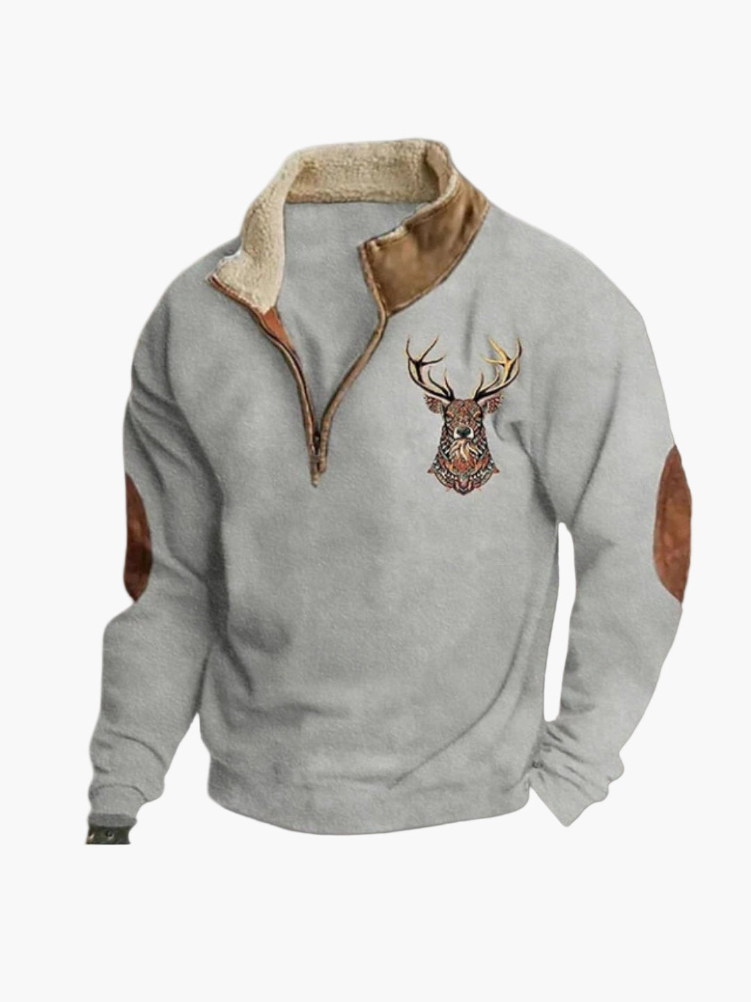Herren Pullover mit Hirschstickerei und Viertelreißverschluss – Outdoor & Freizeit