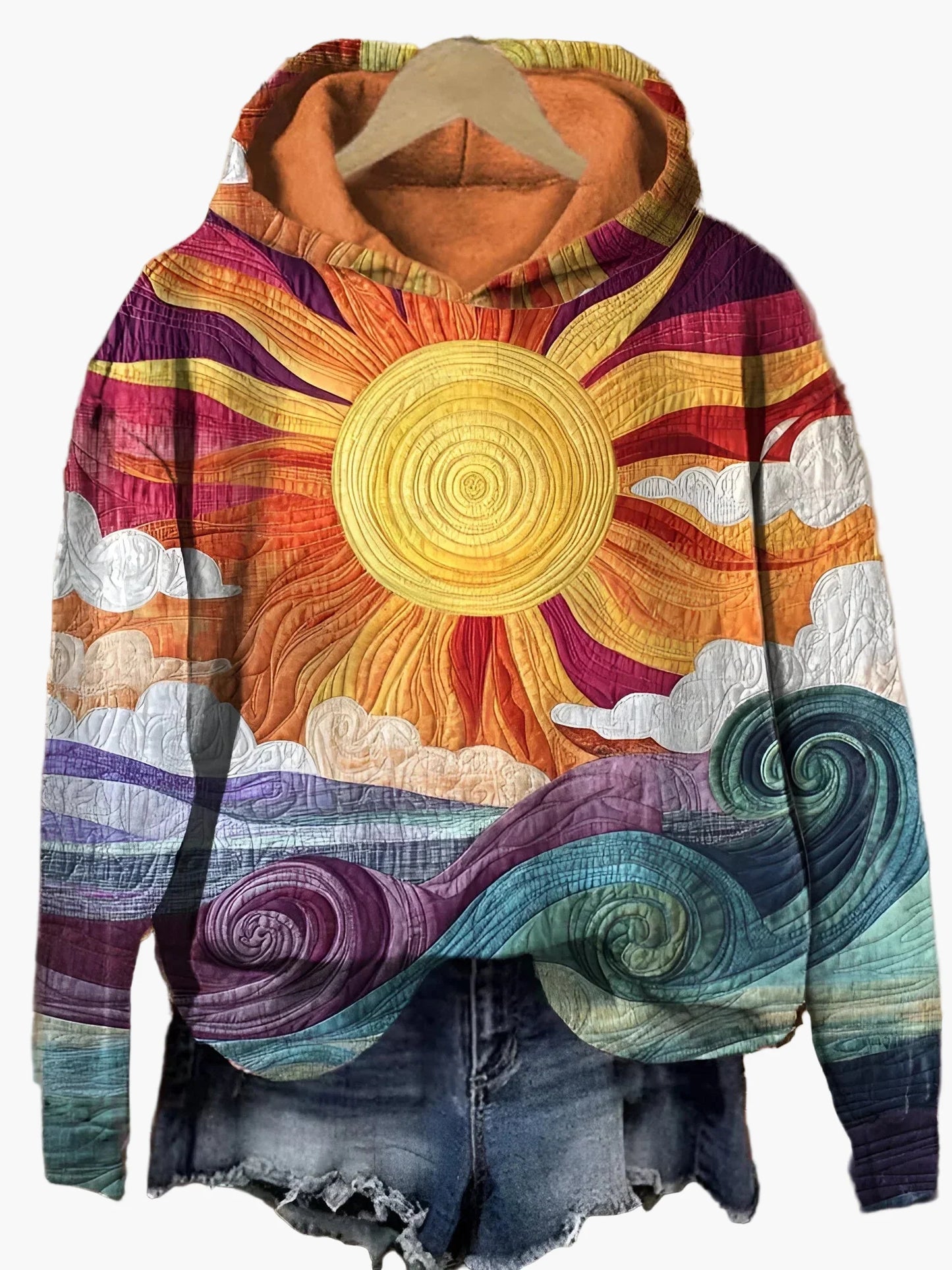 Damen Hoodie mit künstlerischem Sonnen- und Meeres-Motiv – Boho Freizeit Pullover für stilvolle Outfits