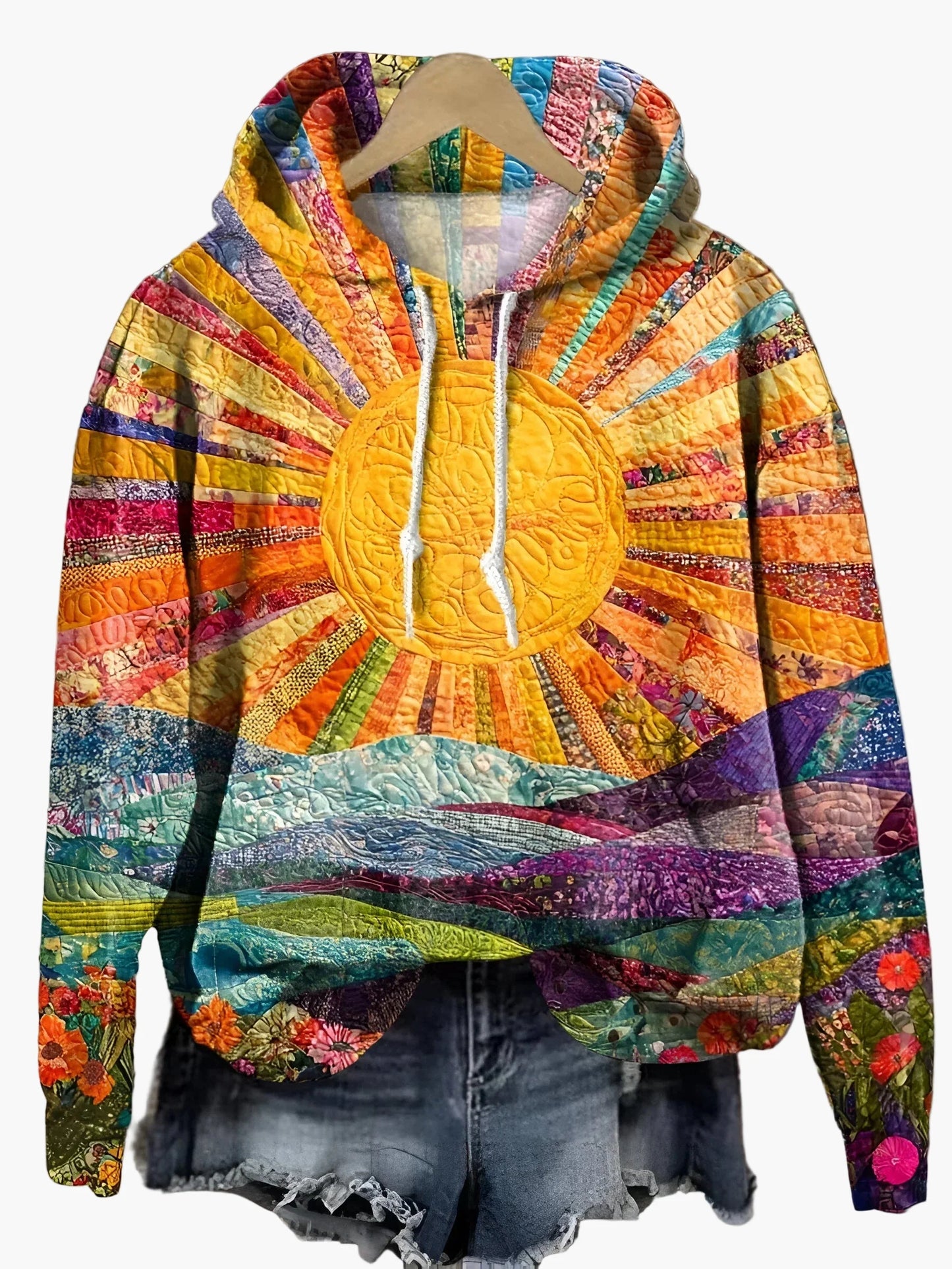Damen Hoodie mit Sonnen- und Landschafts-Design – Künstlerischer Boho Style für Freizeit & Alltag