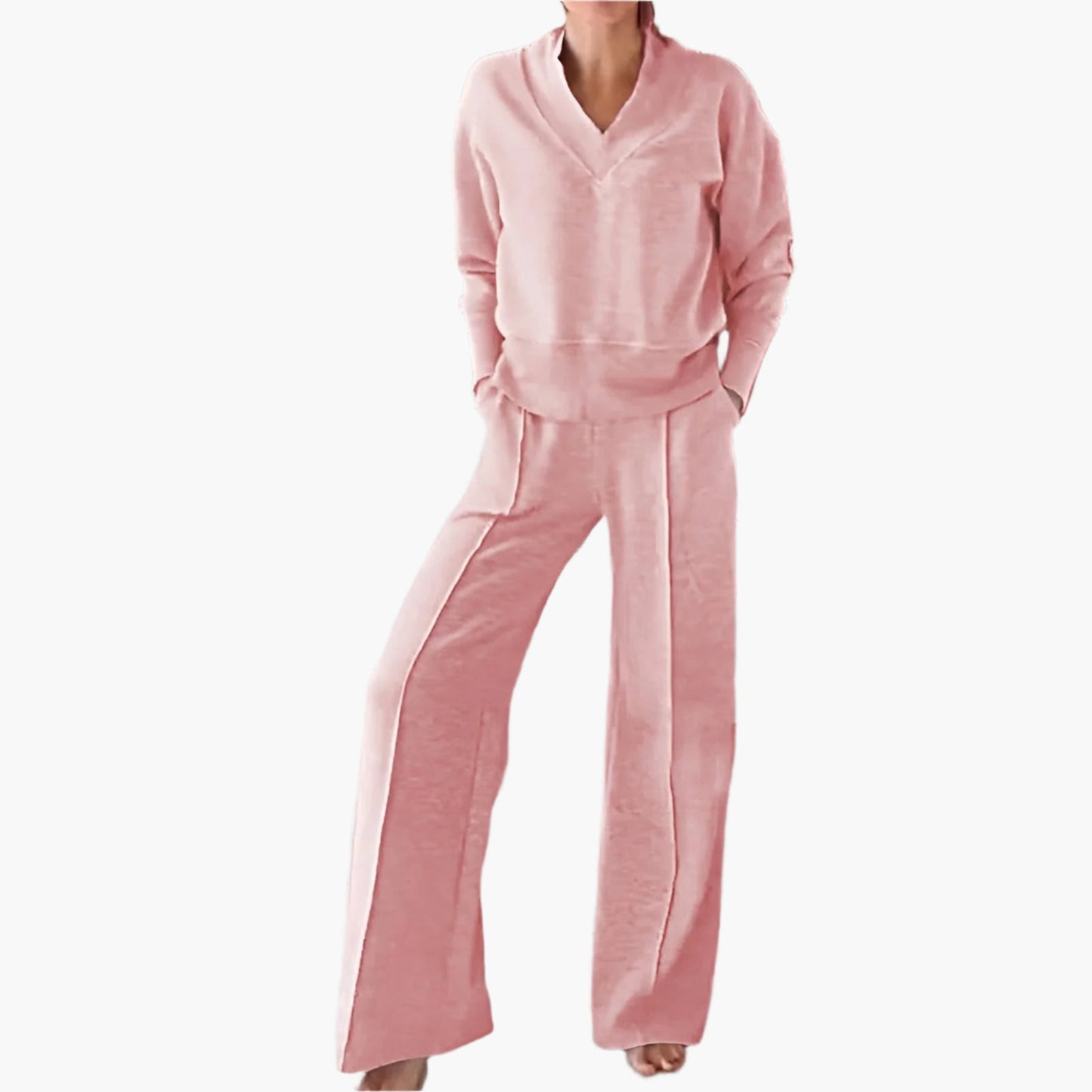 Damen Zweiteiler Lounge- & Sport-Set mit V-Ausschnitt und Weitbein-Hose – Elegantes Freizeit-Outfit