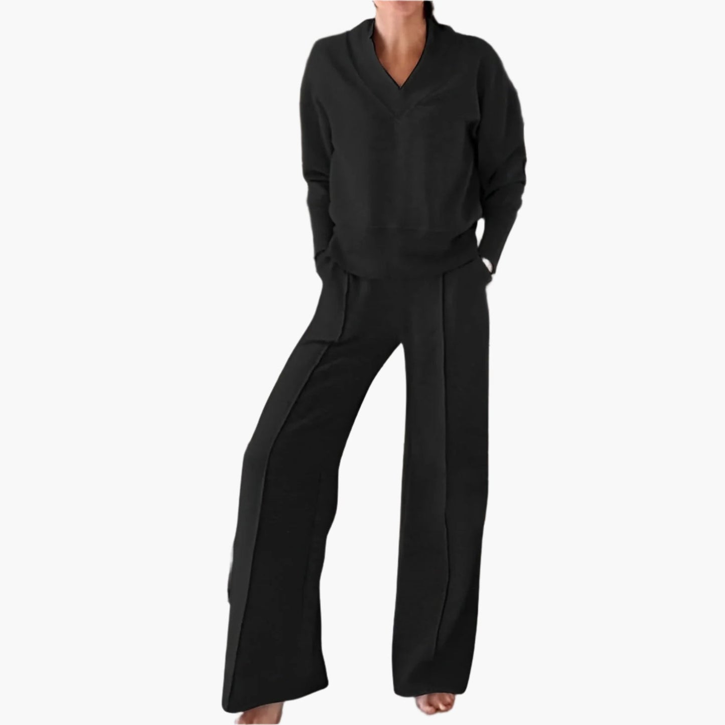 Damen Zweiteiler Lounge- & Sport-Set mit V-Ausschnitt und Weitbein-Hose – Elegantes Freizeit-Outfit