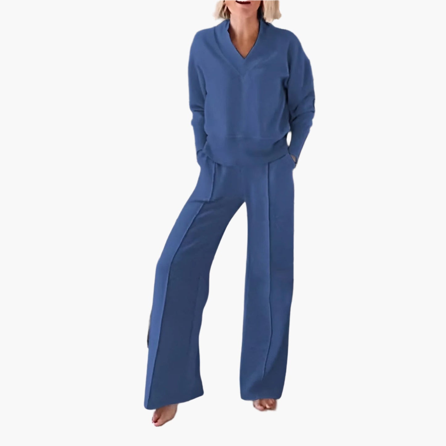 Damen Zweiteiler Lounge- & Sport-Set mit V-Ausschnitt und Weitbein-Hose – Elegantes Freizeit-Outfit