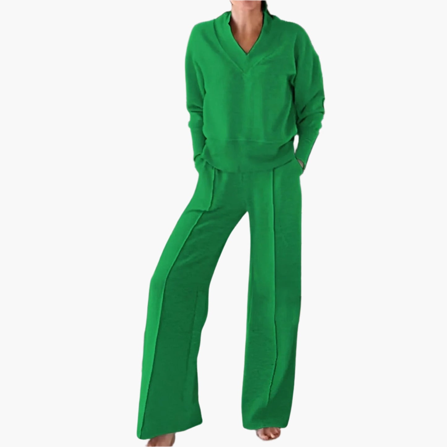 Damen Zweiteiler Lounge- & Sport-Set mit V-Ausschnitt und Weitbein-Hose – Elegantes Freizeit-Outfit