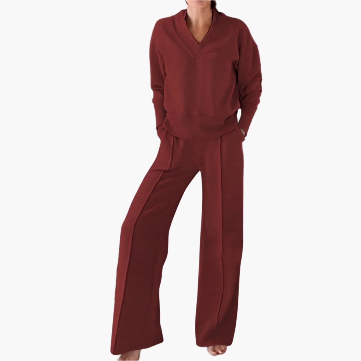 Damen Zweiteiler Lounge- & Sport-Set mit V-Ausschnitt und Weitbein-Hose – Elegantes Freizeit-Outfit