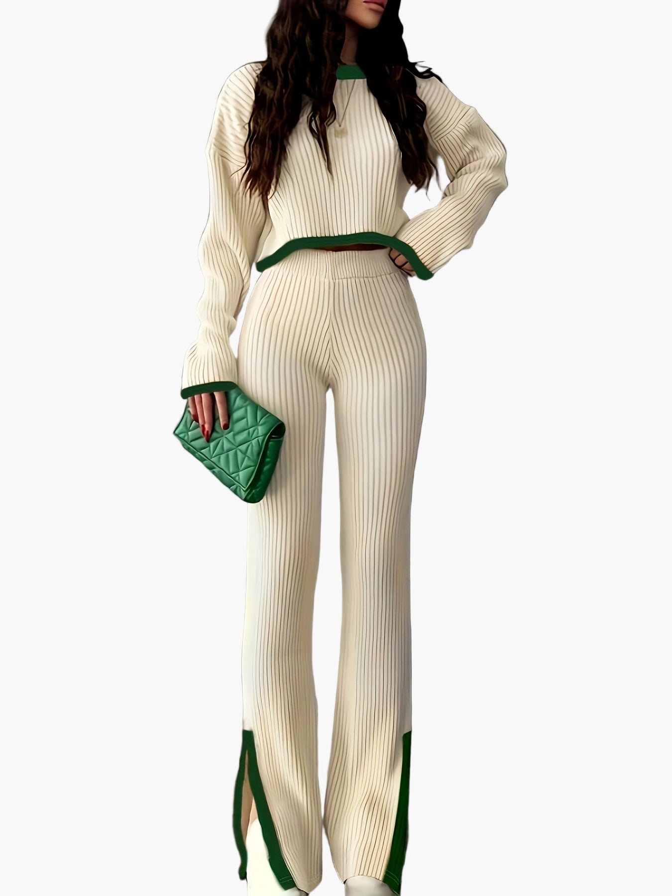 Damen Eleganter Strick-Zweiteiler Set mit weitem Bein – Modisches Outfit für Herbst und Winter