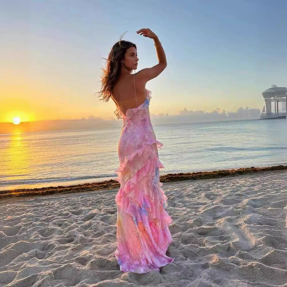 Damen Maxikleid im Boho-Stil für Strand und Sommer – Elegantes, ärmelloses Rüschenkleid für besondere Anlässe