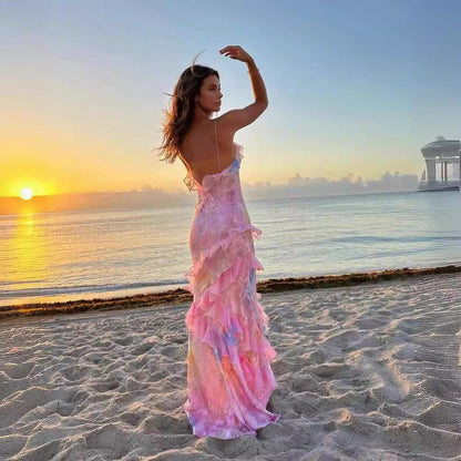 Damen Maxikleid im Boho-Stil für Strand und Sommer – Elegantes, ärmelloses Rüschenkleid für besondere Anlässe
