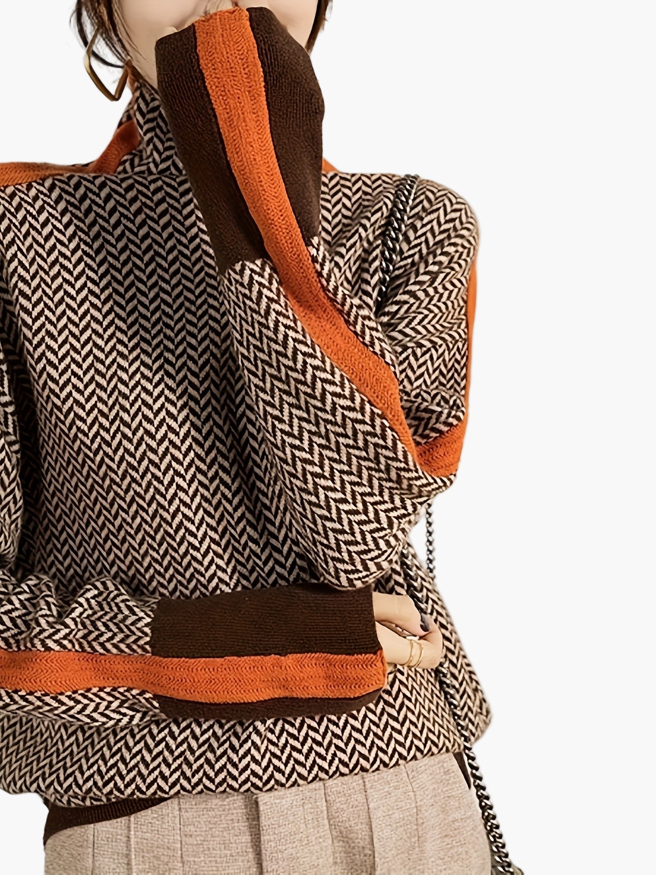 Damen Eleganter Patchwork Strickpullover mit Stehkragen – Modischer Herbst/Winter Alltagslook