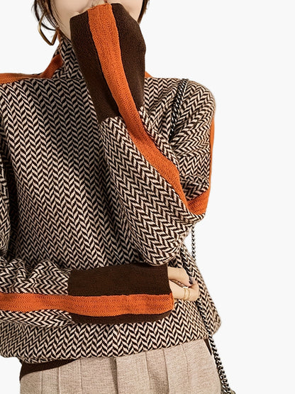 Damen Eleganter Patchwork Strickpullover mit Stehkragen – Modischer Herbst/Winter Alltagslook