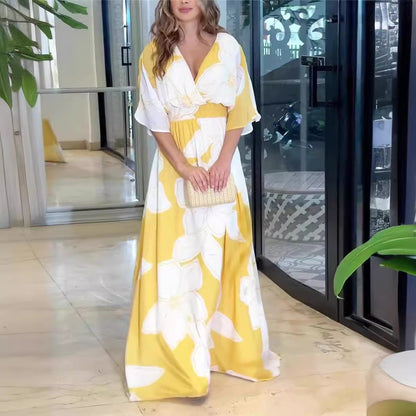 Damen Maxikleid Elegant Blumendruck Sommer Boho Stil für Freizeit und Urlaub