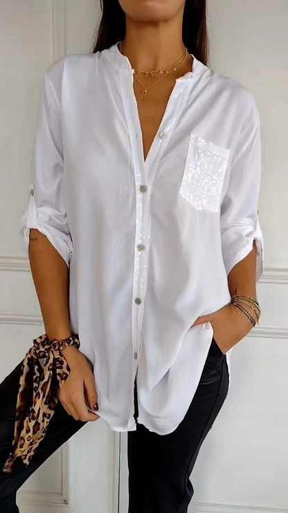 Carol – Lässiges Button-Down Langarmshirt mit Pailletten-Taschen Design