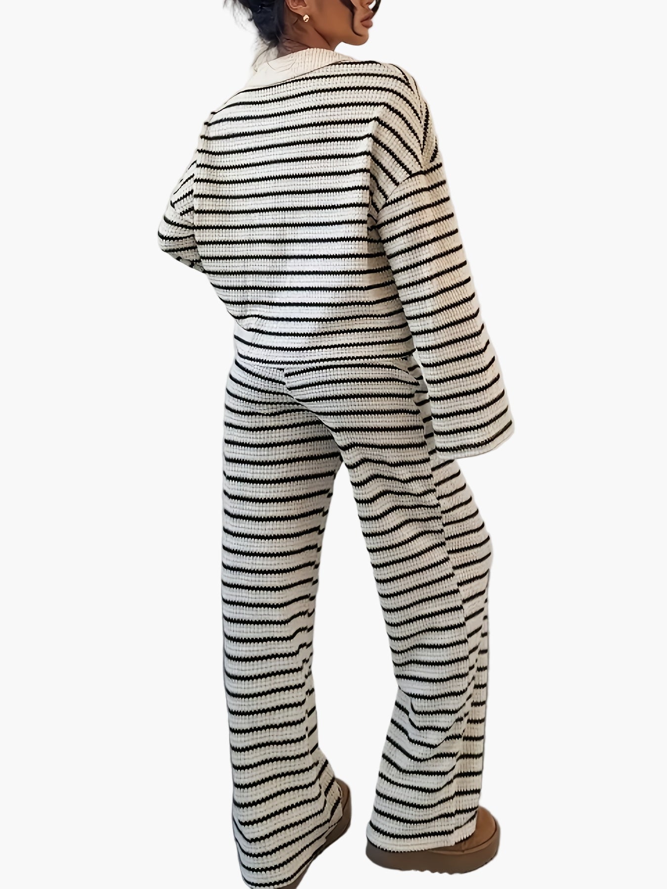 Damen Strick Zweiteiler Set Elegant Gestreift Lockerer Freizeit-Look für Herbst/Winter