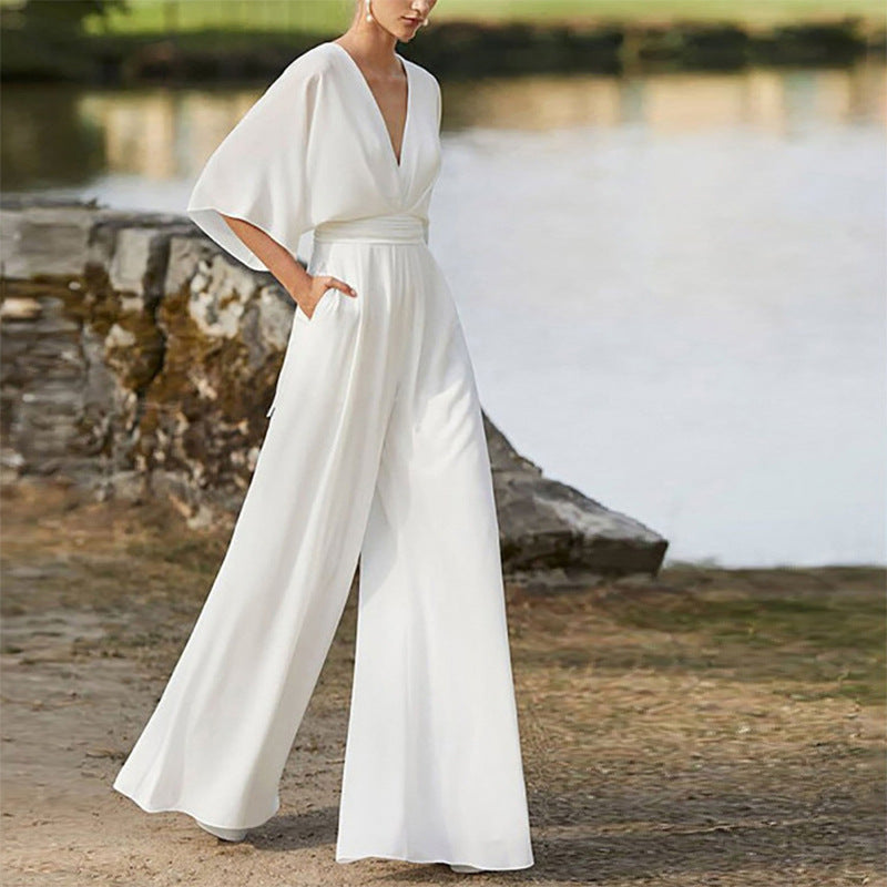 Michelle – Jumpsuit mit tiefem V-Ausschnitt und weitem Bein