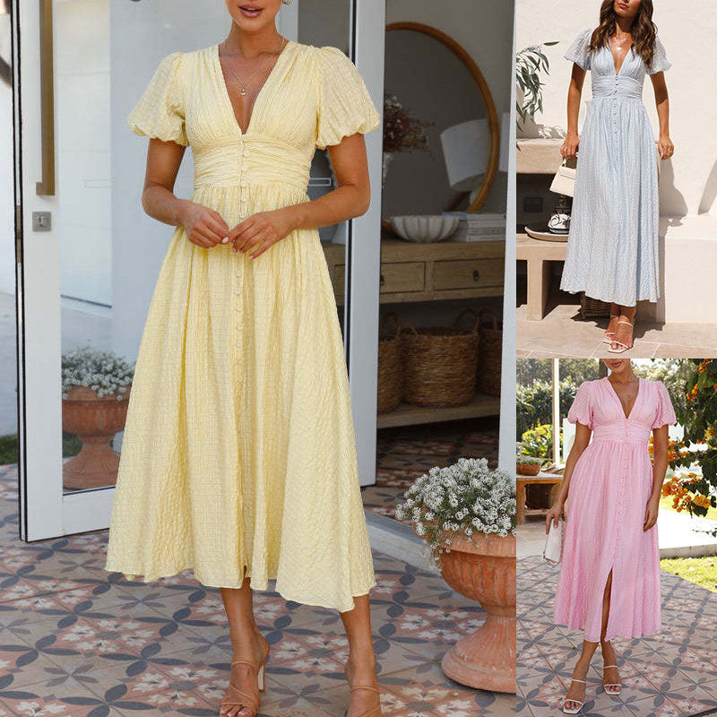 Damen Sommer Midikleid mit V-Ausschnitt und kurzen Ärmeln – Elegantes Freizeitkleid für Alltag und besondere Anlässe