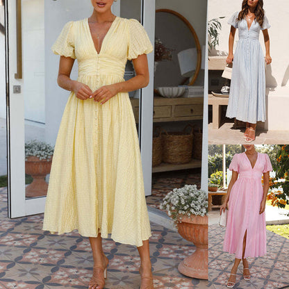 Damen Sommer Midikleid mit V-Ausschnitt und kurzen Ärmeln – Elegantes Freizeitkleid für Alltag und besondere Anlässe