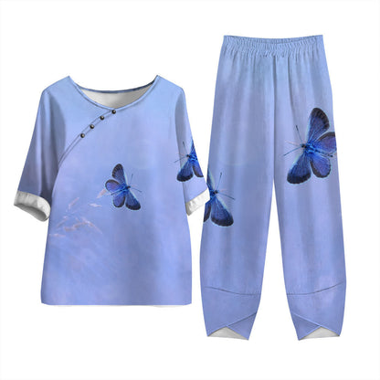 Damen Freizeit Zweiteiler Set – Lockeres Oberteil mit Libellen-Print und Asiatisch Inspirierten Hosen, Modisch für Alltag und Urlaub