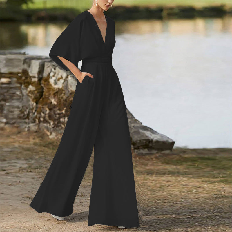 Michelle – Jumpsuit mit tiefem V-Ausschnitt und weitem Bein