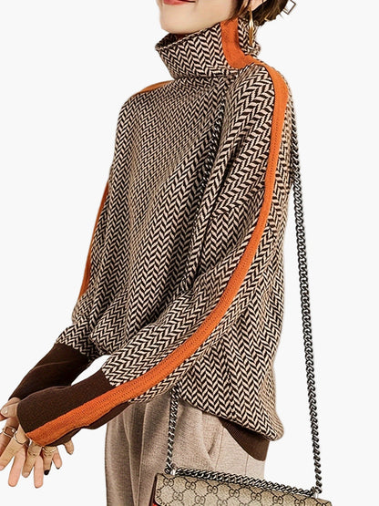 Damen Eleganter Patchwork Strickpullover mit Stehkragen – Modischer Herbst/Winter Alltagslook