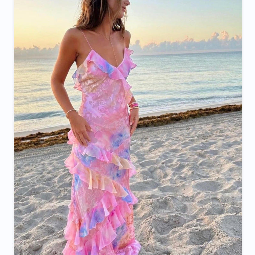 Damen Maxikleid im Boho-Stil für Strand und Sommer – Elegantes, ärmelloses Rüschenkleid für besondere Anlässe