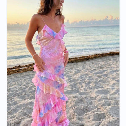 Damen Maxikleid im Boho-Stil für Strand und Sommer – Elegantes, ärmelloses Rüschenkleid für besondere Anlässe
