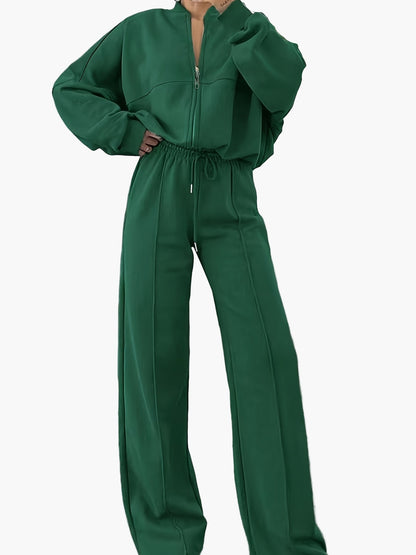 Damen Freizeit-Zweiteiler Set mit Stehkragen und weitem Bein – Sportlich & Bequem für Alltag und Reisen