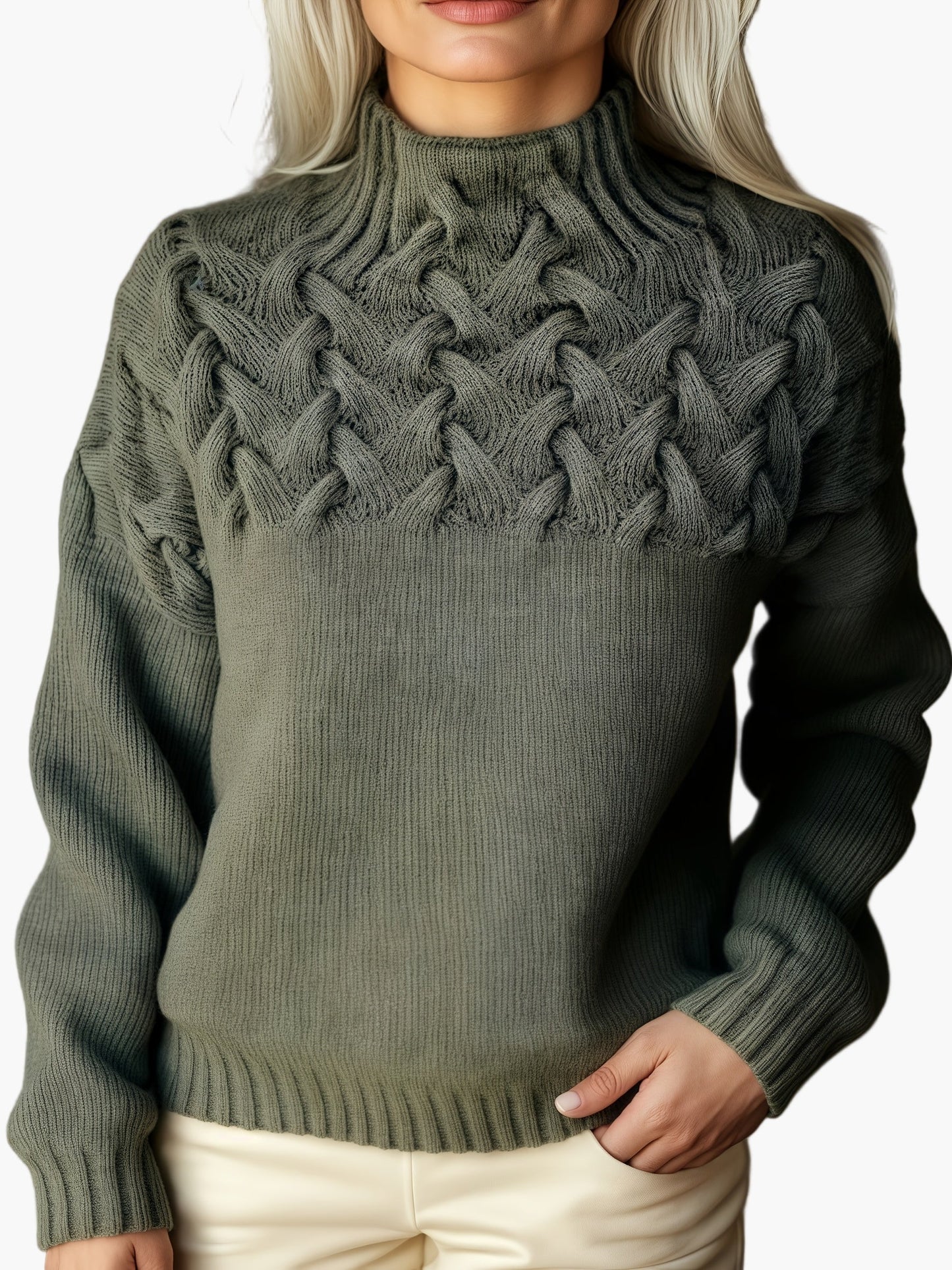 Damen Zopfmuster Strickpullover mit Stehkragen für Herbst und Winter – Modischer, Bequemer Freizeitpullover
