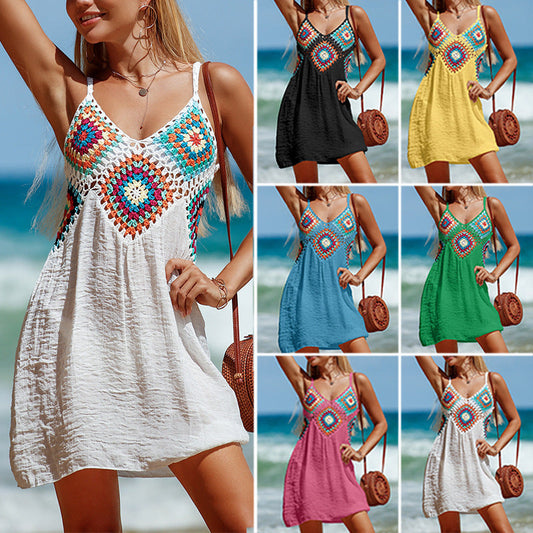 Shirley – Ärmelloses Sommerkleid mit buntem Bohemia-Stichmuster und V-Ausschnitt
