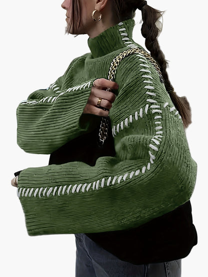 Damen Oversize Strickpullover mit Ziernähten und hohem Kragen – Modischer Herbst/Winter Sweater für trendbewusste Outfits